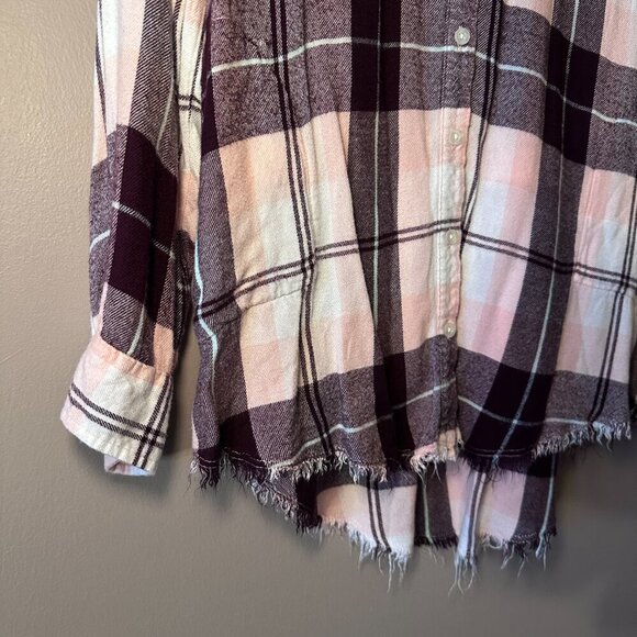 Women's M Aerie Lightweight Plaid Flannel Shirt Pink Raw Hem - Picture 4 of 9